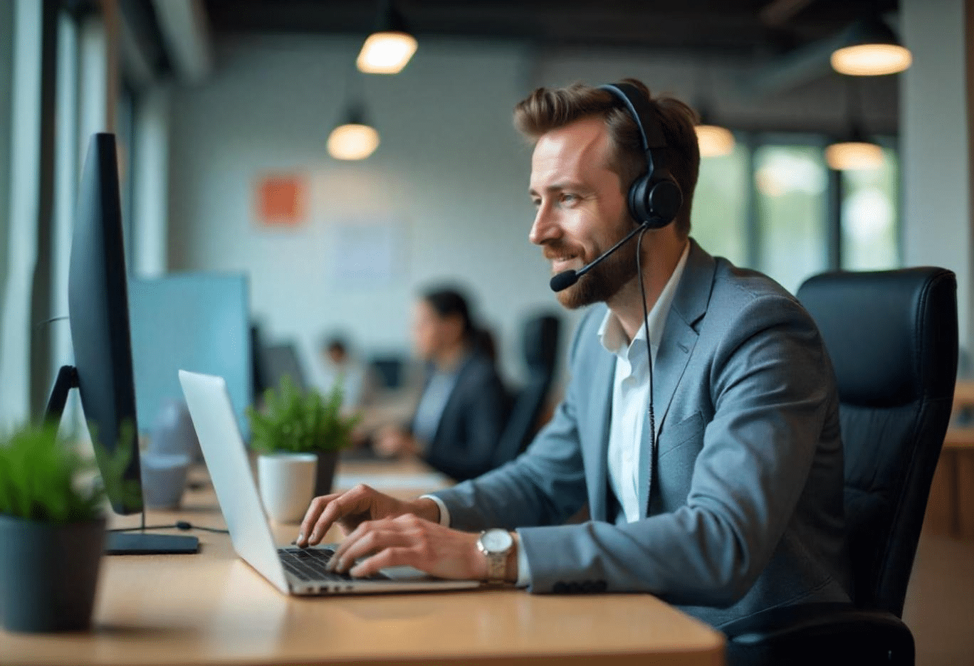 Man in suit with headset, on computer helping customer with AI transcription and sentiment analysis.