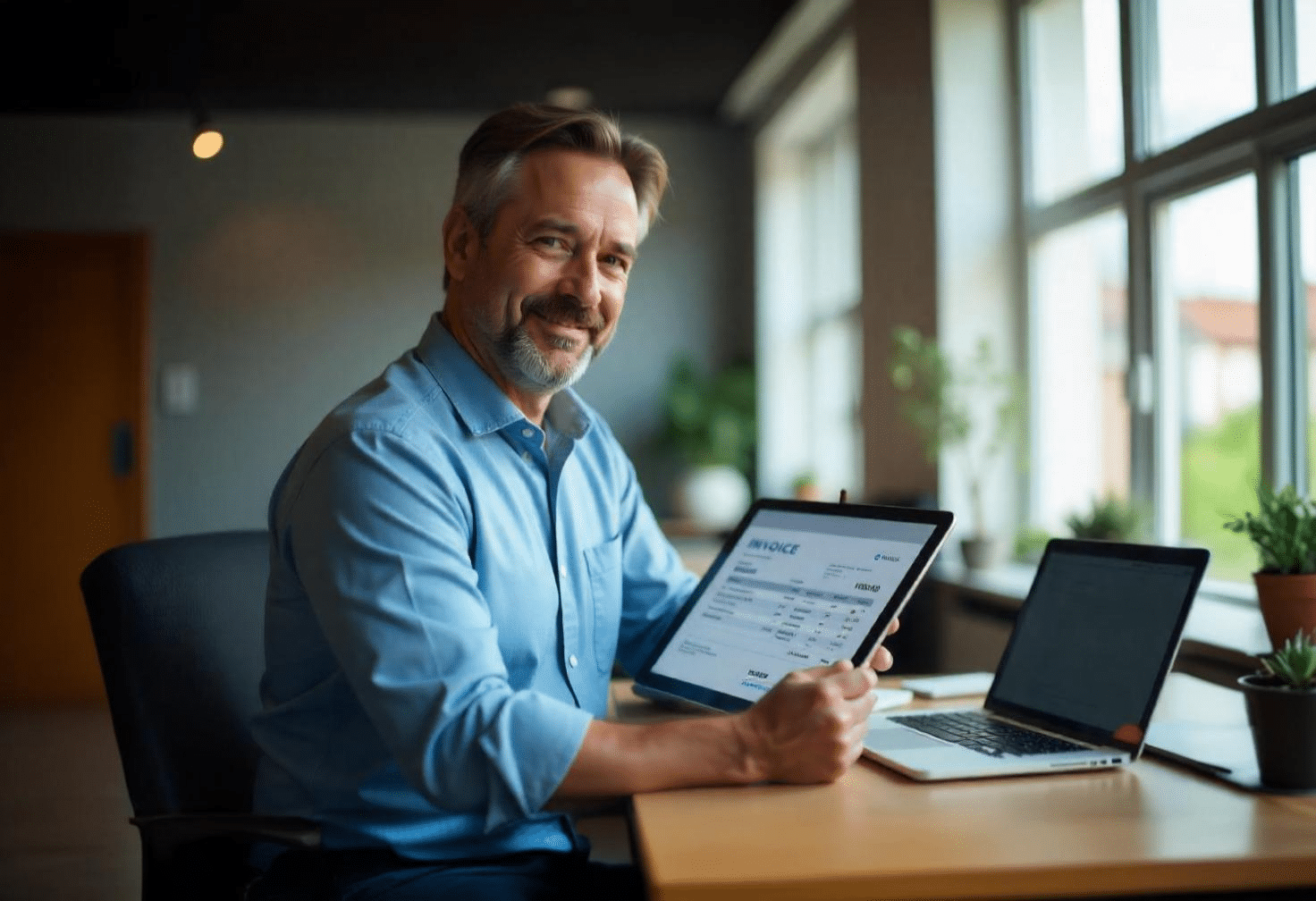 Telecom reseller happy with new CoBranding Partner solution with billing service. Showing software on laptop.
