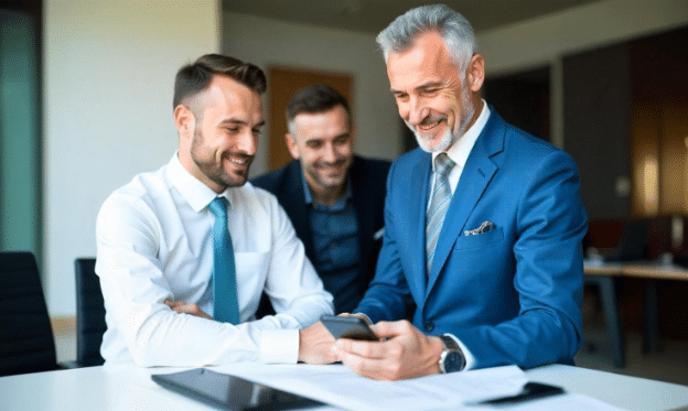 Three professional men in business attire gather around a conference table, smiling as one shows something on his smartphone. The setting suggests a corporate meeting or strategy session. Their body language reflects collaboration and optimism, symbolizing a successful telecom reseller partnership. The scene implies discussion of billing solutions and strategies to boost profit margins while ensuring regulatory compliance in the telecom industry.